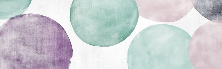 Leinwandbilder - Abstract pastel watercolor background of mint green, lavender, and pink circles on canvas texture.
