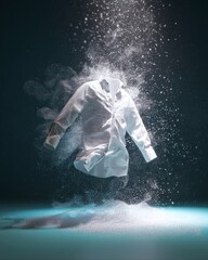 Fototapete - A white shirt suspended in mid-air, surrounded by a cloud of dust particles, creating a surreal effect