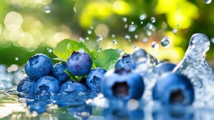 Poster - Fresh blueberries splashing in water, garden background.