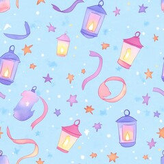 Poster - Whimsical watercolor pattern of lanterns, stars, and ribbons on a dreamy blue background