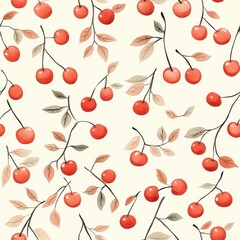 Poster - Cherry Delight Watercolor Pattern - Whimsical Cherry Branches and Autumn Leaves on Cream Background