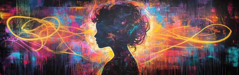 Poster - Silhouette of a Woman's Head Surrounded by Energetic Light Trails Against an Abstract Expressionist Background