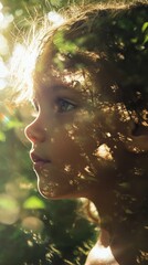 Poster - Child's Serene Profile Bathed in Sunlight Through Leaves
