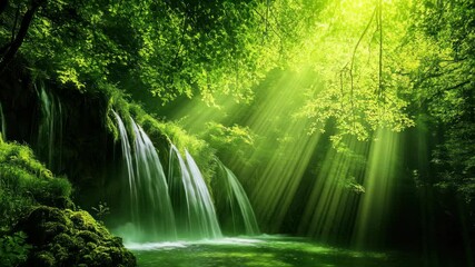 Poster - Lush forest waterfall bathed in sunlight.