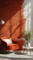 Aufkleber - Vibrant Interior with Orange Brick Wall, Modern Armchair, and Stylish Decor Accents for Contemporary Living Space