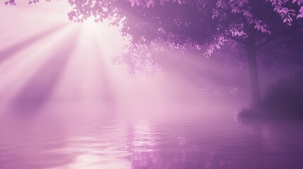 Poster - Ethereal Lavender Dreamscape: Sunbeams Through a Tree Over Water