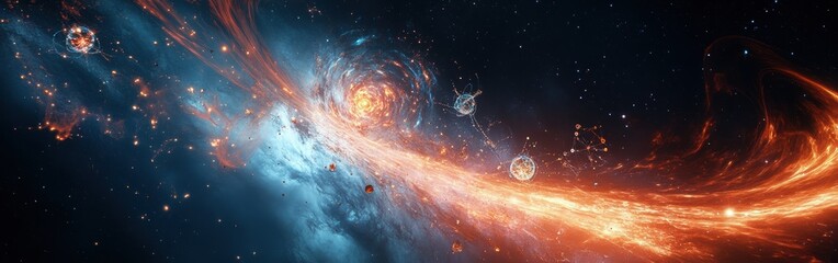 Poster - Cosmic Symphony: A Vibrant Galaxy Formation with Interconnected Energy Spheres Amidst Swirling Nebulae