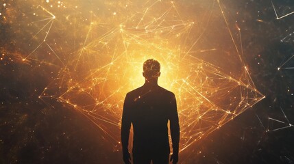 Fototapete - Man Silhouette in a Network of Golden Light, Depicting Connection, Technology, and Future Concepts