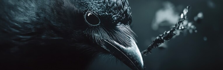 Poster - Intense macro shot of a crow's face showcasing its detailed eye, beak, and feathers in dramatic lighting