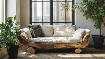 Aufkleber - Rustic Living Room with Handcrafted Log Sofa, Natural Light, and Lush Green Plants - A Cozy Interior Design Concept