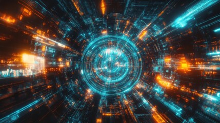 Poster - intricate futuristic cryptocurrency portfolio data visualization with glowing teal and orange digita