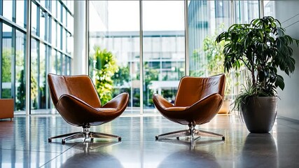 Poster - Two tan leather armchairs in a modern lobby.