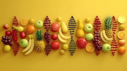 Aufkleber - Bright Fruits Create a Spiral Pattern Resembling DNA on a Vivid Yellow Backdrop Showcasing Natures Bounty and Vibrancy