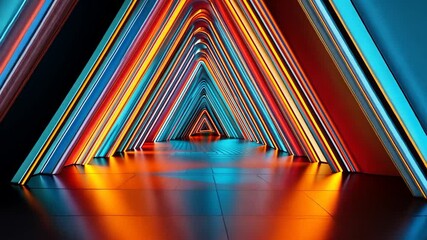 Poster - Neon triangular tunnel with vibrant colors.