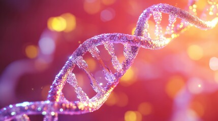 Poster - A close-up view of a colorful DNA double helix structure. illustrating genetic material. with a vibrant background of blurred lights. symbolizing scientific research and discovery