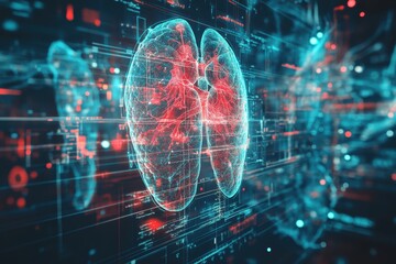 Poster - Digital visualization of human lungs surrounded by data streams in a futuristic backdrop