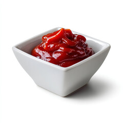 Wall Mural - White ceramic square bowl filled with rich red ketchup smooth and glossy texture perfect for condiment or fast food visuals isolated on transparent background. isolated white background