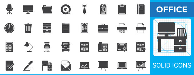 Poster - Office solid glyph icon set. Vector signs include desk, computer, clipboard, document, ID card, calendar, shredder, trash bin, office chair, briefcase, and printer. Ideal icon pack for workplace use
