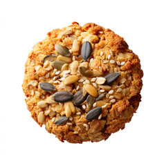 Wall Mural - Crunchy oatmeal cookie topped with a mix of sesame and sunflower seeds in rustic style perfect for healthy snack ads isolated on transparent background. isolated white background