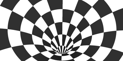Poster - Abstract Black and White Optical Illusion Surrealism Tunnel Portal Pattern. Contrasty Optical Art Gravity Vortex. Smooth Checkered Tunnel and Chessboard in Perspective. Vector Illustration.