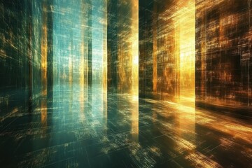 Poster - Abstract digital environment with glowing pillars reflecting light in a futuristic space