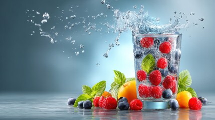 Poster - Enjoy Refreshing Clean Water Splashing With Mixed Fruits and Fresh Mint Leaves for Perfect Hydration on a Sunny Day