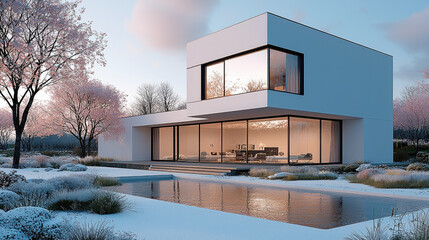Poster - Modern white house with large windows, surrounded by serene landscape featuring pink trees and reflective pool. design exudes elegance and tranquility, perfect for contemporary living