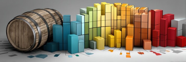 Poster - barrel transforming into pie chart illustrating energy distribution across various sectors and sourc