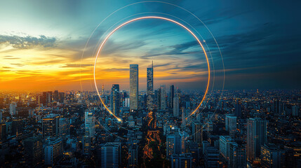 Poster - futuristic city skyline at sunset, showcasing towering skyscrapers and vibrant lights. scene captures blend of modern architecture and dynamic atmosphere, evoking sense of wonder and innovation