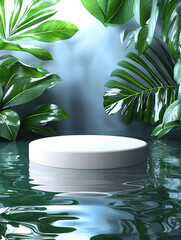 Poster - serene white podium stands in tranquil water, surrounded by lush green tropical leaves, creating peaceful and refreshing atmosphere. reflection in water enhances calmness of scene