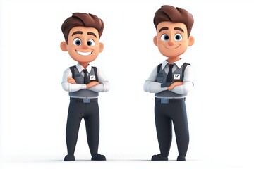 Poster - happy smiling cartoon character business office worker robot standing on white background. 3d style 