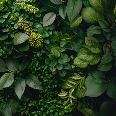 Poster - Lush greenery fills frame, showcasing variety of vibrant leaves and textures, creating serene and calming atmosphere. This living wall of plants brings nature indoors, enhancing any space