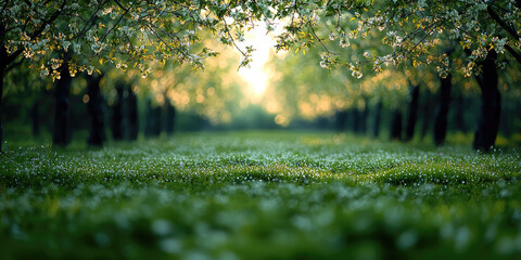 Poster - serene maple orchard in spring, filled with blooming flowers and lush green grass, creates peaceful atmosphere. soft sunlight filters through trees, enhancing beauty of nature