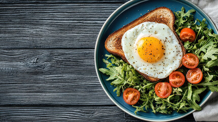 Poster - delicious breakfast featuring sunny side up egg on toasted bread, surrounded by fresh arugula and cherry tomatoes, creating vibrant and healthy meal