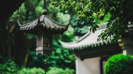 Wall Mural - hanging chinese lantern in a lush garden setting.