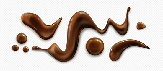 Wall Mural - chocolate sauce splashes and syrup drips on transparent background. flowing cocoa liquid trails, mel