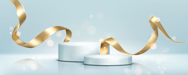Poster - Gold ribbon streamers and round podiums on light blue background. Curved shiny satin stripes around cylinder pedestals. Luxury glossy foil swirls and sparkly decoration elements for product display.
