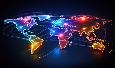 Poster - Global network connections illustrated with vibrant neon lights on world map