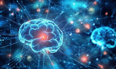 Poster - Digital representation of a human brain with neural connections and glowing nodes