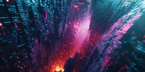 Poster - Futuristic digital cityscape with vibrant neon lights and glowing particles