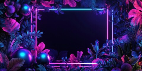 Poster - Vibrant neon frame surrounded by lush tropical foliage and decorative spheres
