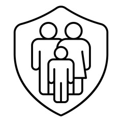 Fototapete - Family on safety emblem thin line icon, family lawyer concept. Vector graphics. Parents with child on shield, protection sign on white background, linear style for mobile or design.