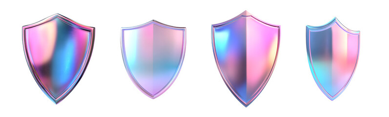 Poster - Set of Iridescent Gradient Shields in Glossy Pink Blue Finish, isolated on transparent background