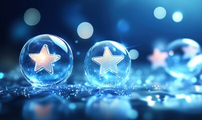 Poster - Shimmering glass bubbles with star shapes reflecting light in a dreamy blue background