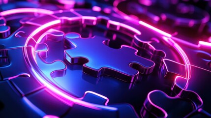 Poster - Intricate puzzle pieces illuminated by vibrant neon light.