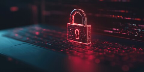 Fototapete - Digital security lock symbolizing cybersecurity on laptop keyboard with glowing effects