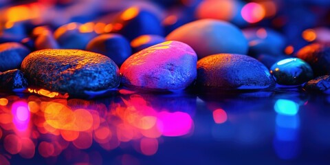 Poster - Colorful illuminated stones reflecting light in water with vibrant bokeh effects