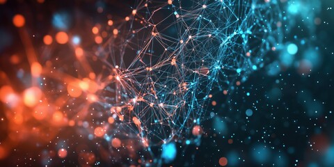Aufkleber - Abstract network visualization with glowing nodes and connections in blue and orange hues