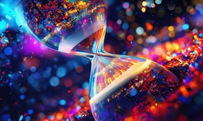 Poster - Colorful digital hourglass symbolizing time and technology in a vibrant abstract background