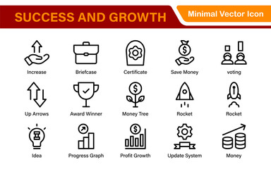 Poster - Growth and Success modern outline style icons set. Successful business development, plan and process symbol illustration.